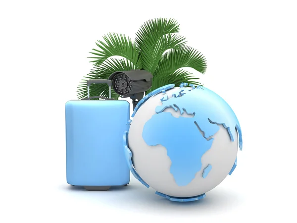 Earth globe, palm tree, surveillance camera and travel bag — Stock Photo, Image