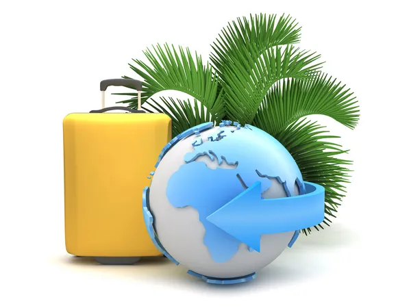 Föld globe, bőrönd és palm tree fehér háttér — Stock Fotó