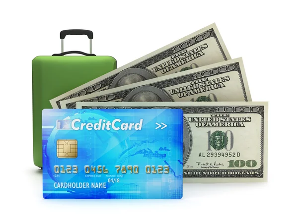 Karta kredytowa, podróżować worek i Dolar rachunki — Zdjęcie stockowe