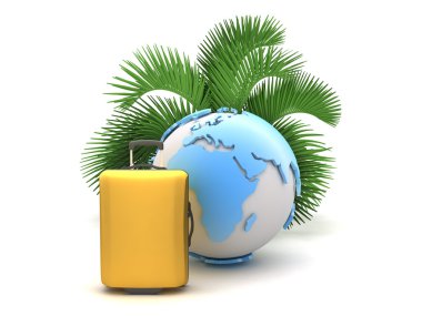 beyaz zemin üzerinde palmiye ağacı, bavul ve dünya Küre