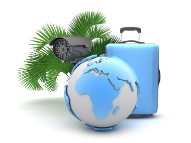 bavul, izleme kamera, palmiye ağacı ve dünya Küre