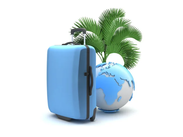 Travel bag, palm tree and earth globe isolated on white — Stock Photo, Image