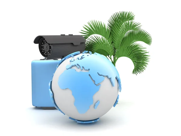 Earth globe, palm tree, surveillance camera and travel bag — Stock Photo, Image