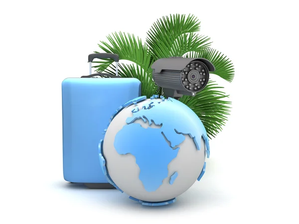 Bavul, izleme kamera, palmiye ağacı ve dünya Küre — Stok fotoğraf