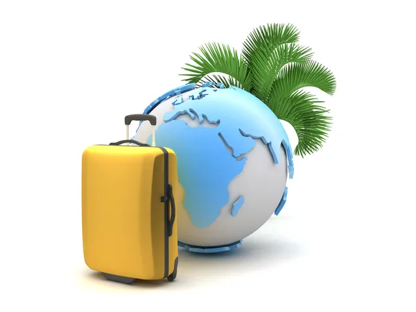 Palm tree, suitcase and earth globe on white background — Stock Photo, Image