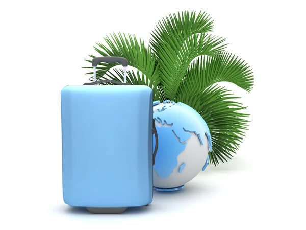 Palmeira, mala e globo terrestre sobre fundo branco — Fotografia de Stock