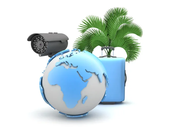 Earth globe, palm tree, surveillance camera and travel bag — Stock Photo, Image