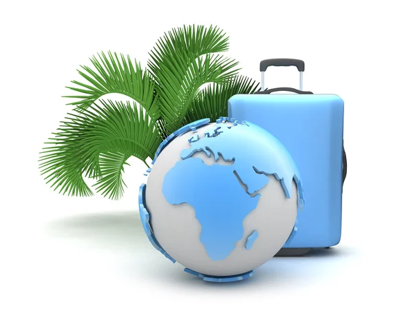 Earth globe, suitcase and palm tree — Stock Photo, Image