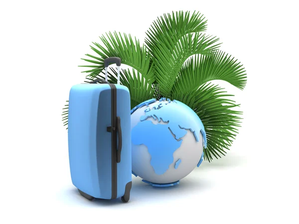 Palm tree, suitcase and earth globe on white background — Stock Photo, Image