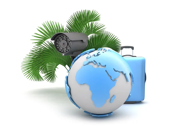 Suitcase, monitoring camera, palm tree and earth globe — Stock Photo, Image