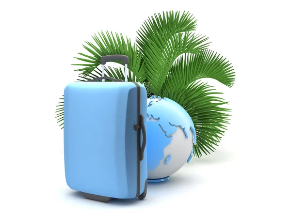 Beyaz zemin üzerinde palmiye ağacı, bavul ve dünya Küre — Stok fotoğraf