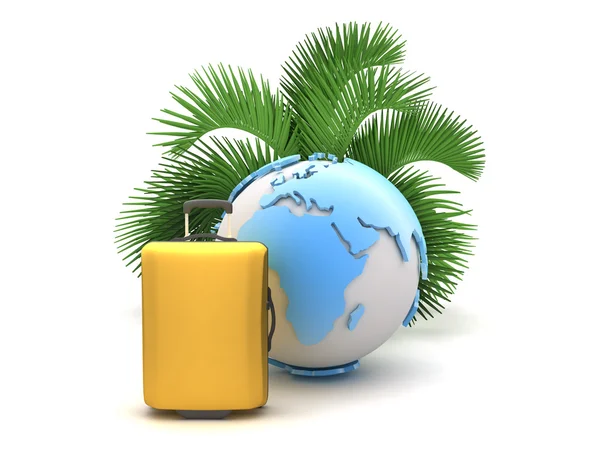 Palm tree, suitcase and earth globe on white background — Φωτογραφία Αρχείου