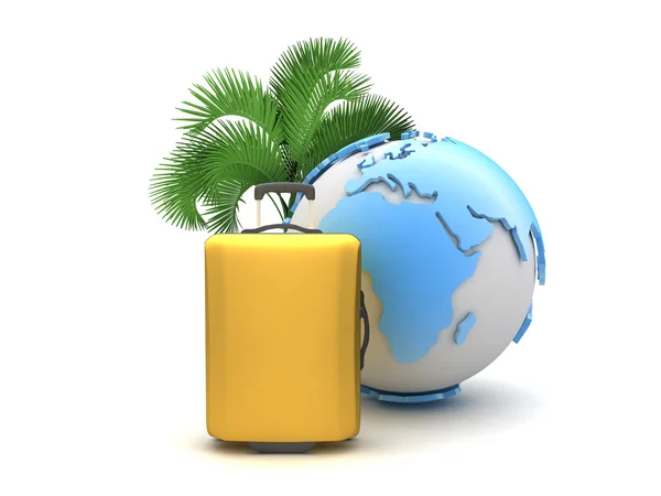 Palm tree, suitcase and earth globe on white background — Stock Photo, Image