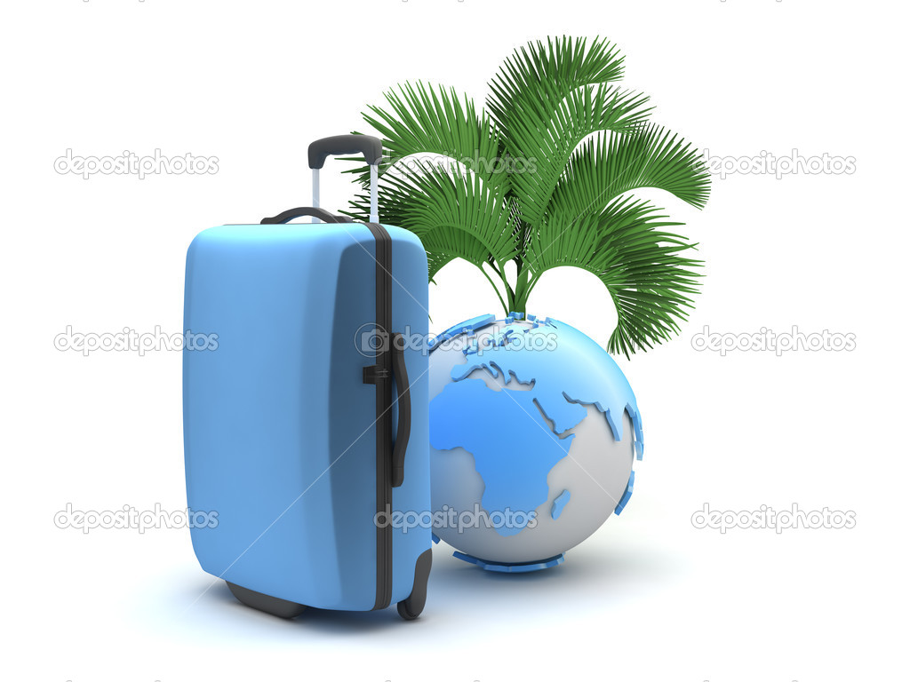 Travel luggage, palm tree and earth globe