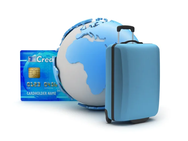 Bagage, creditcard en earth globe — Stockfoto