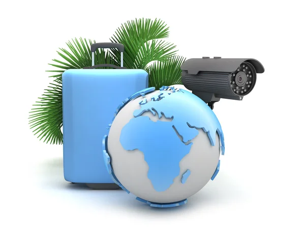 Bavul, izleme kamera, palmiye ağacı ve dünya Küre — Stok fotoğraf