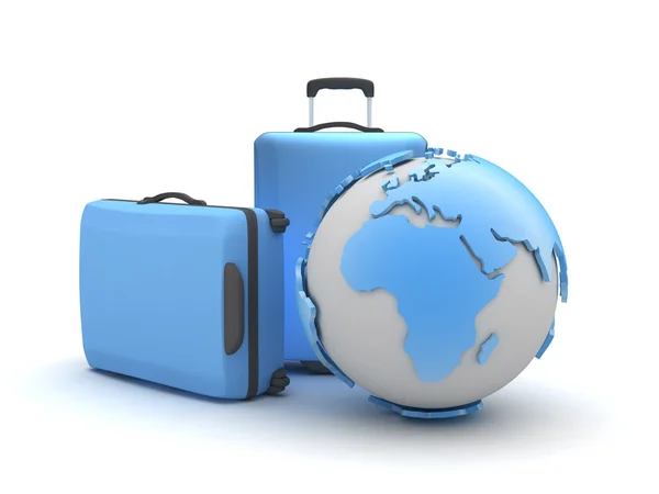 Två resväskor och jorden världen på vit bakgrund — Stockfoto