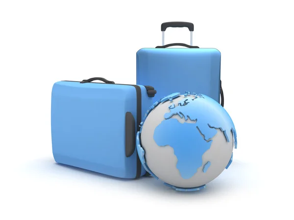 Two suitcases and earth globe on white background — Stock Photo, Image