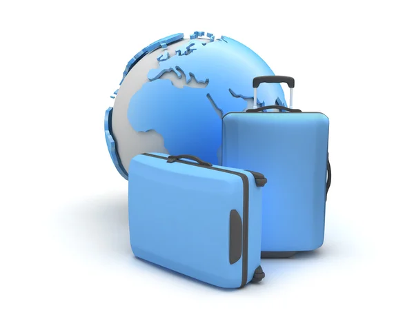 Two suitcases and earth globe on white background — Stock Photo, Image