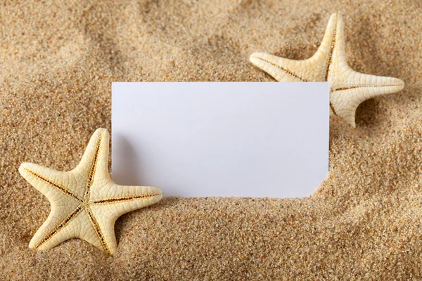 Sjøstjerner og blankt papir på stranda – stockfoto