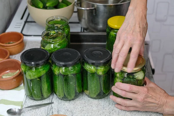 Komkommers Blik Thuis Pickles Potten Voor Het Winterseizoen Biologische Zelfgemaakte — Stockfoto
