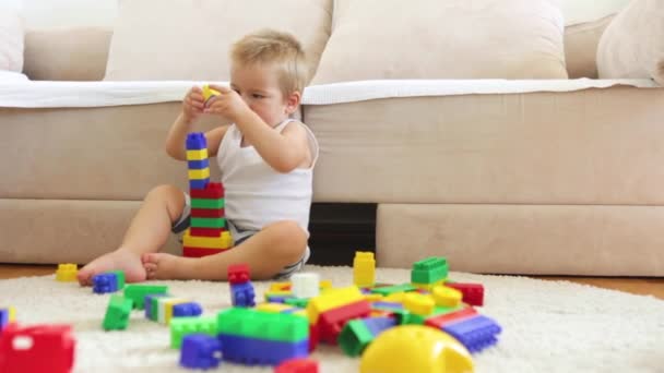 Junge Spielen Mit Würfeln Die Ein Spielzeug Blockiert Kindergarten Kind — Stockvideo