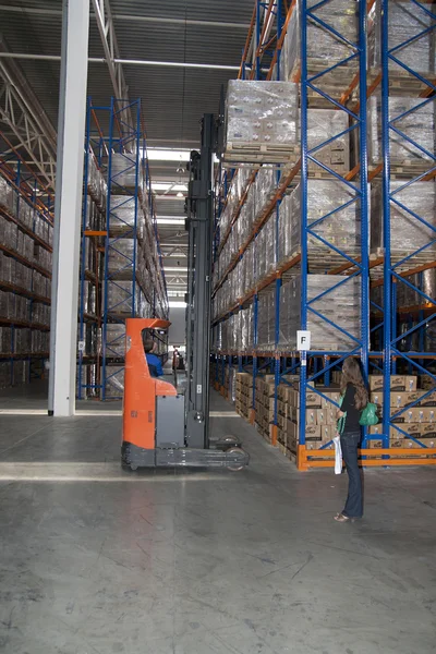 Mujer joven mirando el cargador en el stock moderno Imagen de stock