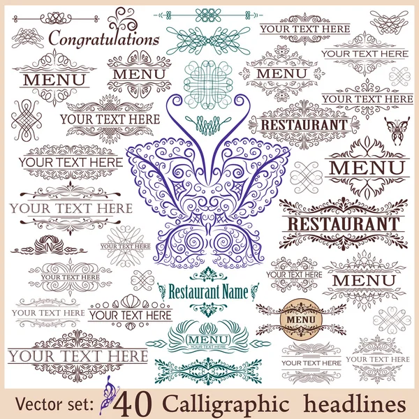 Vektor set: 40 kalligrafiska designelement för menyn eller dess. — Stock vektor