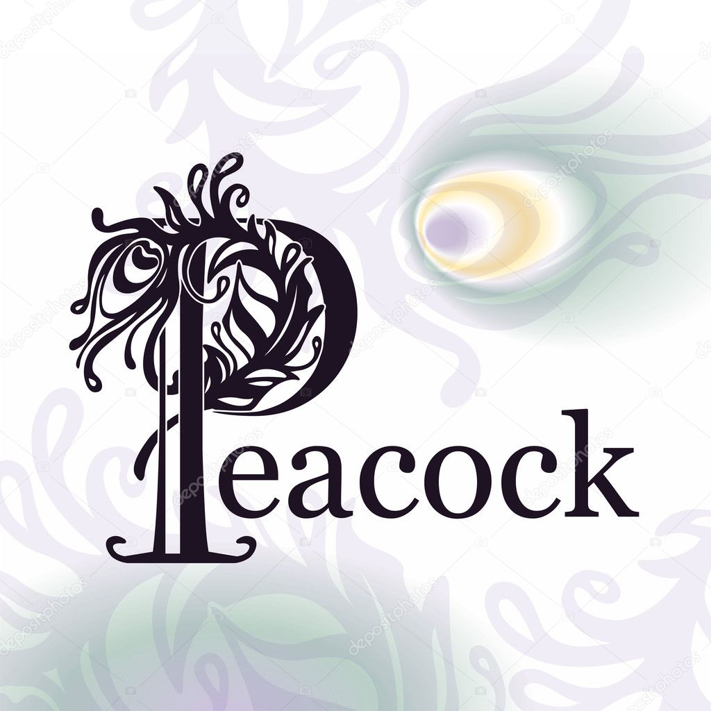 Artistically drawn, stylized, logo, vector peacock feather and P