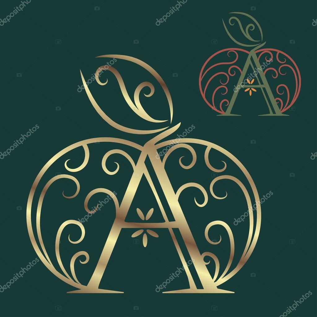 Artistically drawn, stylized, logo, vector apple and A