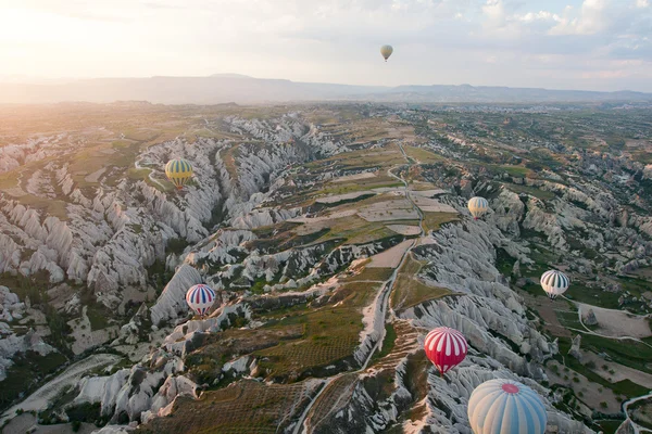 Hot air balloons rise over valley, Turkey — Stock Photo, Image