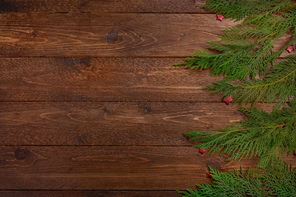 Мінімальна Різдвяна Композиція Кипарисові Гілки Маленькі Червоні Зірки Темному Дерев — стокове фото