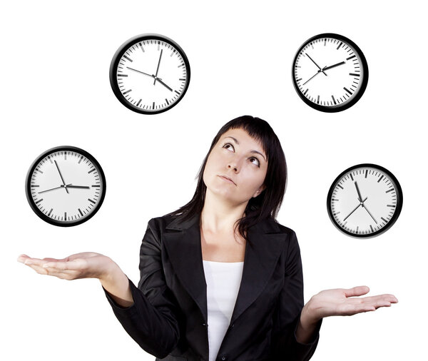 Businesswoman juggling clocks. Time Juggling Act.