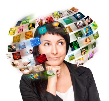 A technology woman has images around his head. clipart