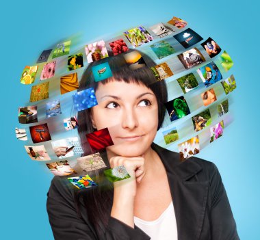 A technology woman has images around his head. clipart