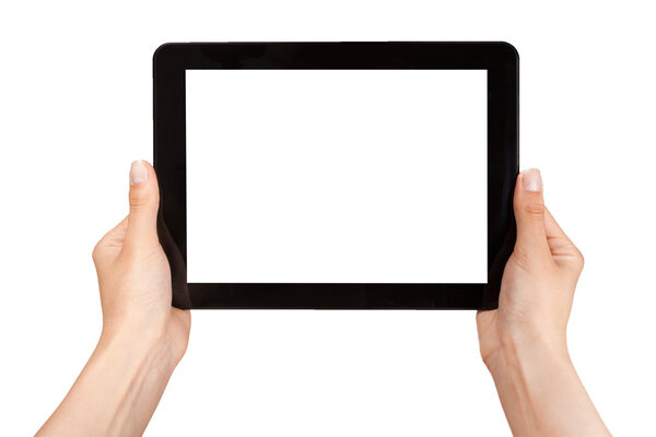 female hands holding a tablet