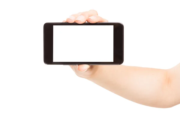 Inteligentnych telefonów na białym tle trzymając się za ręce — Zdjęcie stockowe