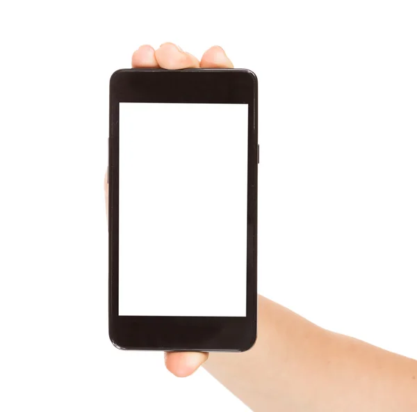 Inteligentnych telefonów na białym tle trzymając się za ręce — Zdjęcie stockowe
