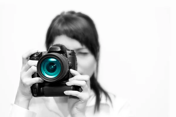 Woman photographer with camera — Stock Photo, Image