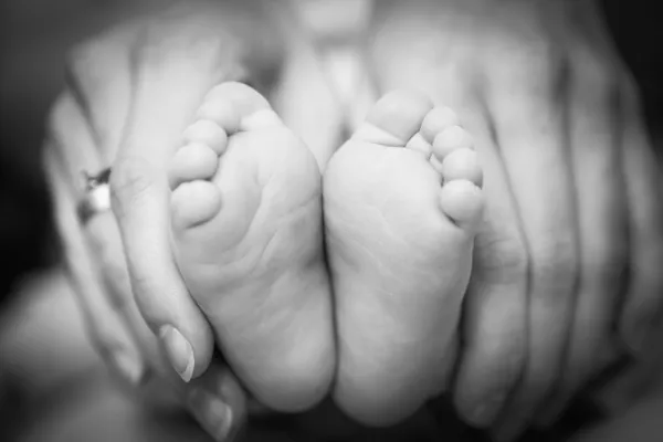 Newborn baby feet on female hands — Stock Photo, Image