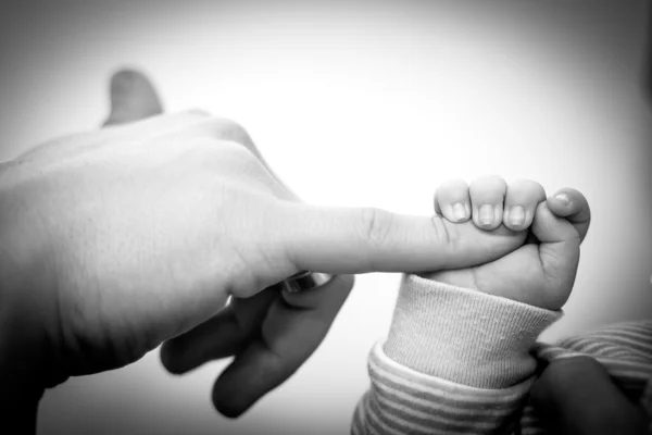 Baby hält sanft den Finger eines Erwachsenen — Stockfoto