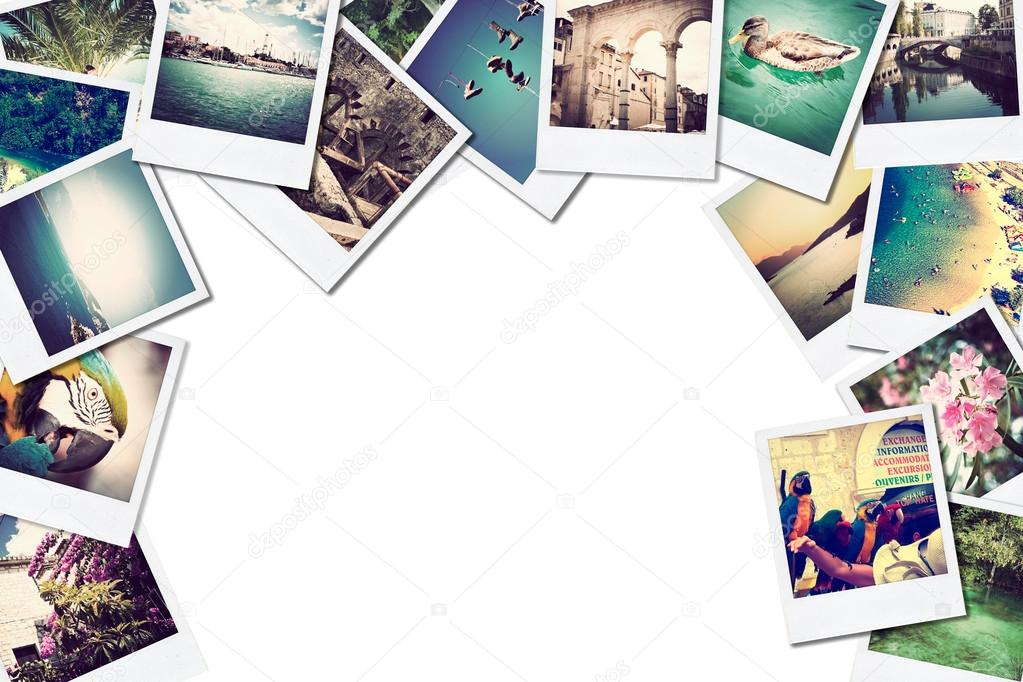 A pile of photographs with space for your logo or text.