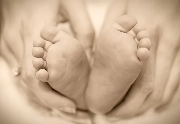 Pies de los bebés recién nacidos en manos femeninas — Stockfoto