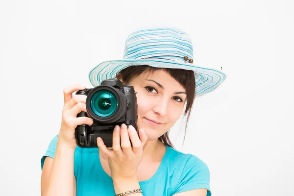 Femme photographe avec appareil photo — Photo