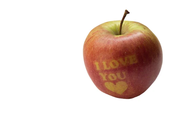 Uma maçã vermelha com as palavras Eu te amo no fundo branco — Fotografia de Stock