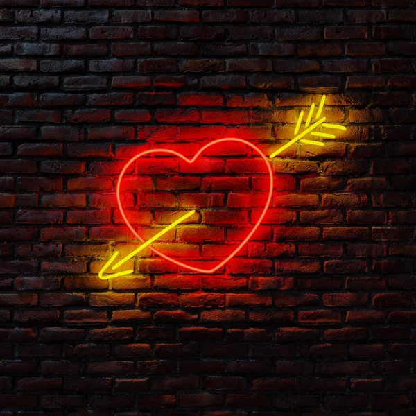 Neon Heart Arrow Hanging Old Brick Wall Extra Space Add — Stock Photo, Image