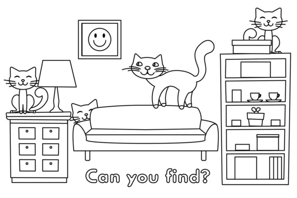 Mamãe gato e gatinhos pequenos no quarto colorir livro jogo para crianças — Vetor de Stock