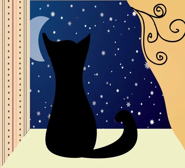Vector illustration of cat in window at night. Stock Illustration
