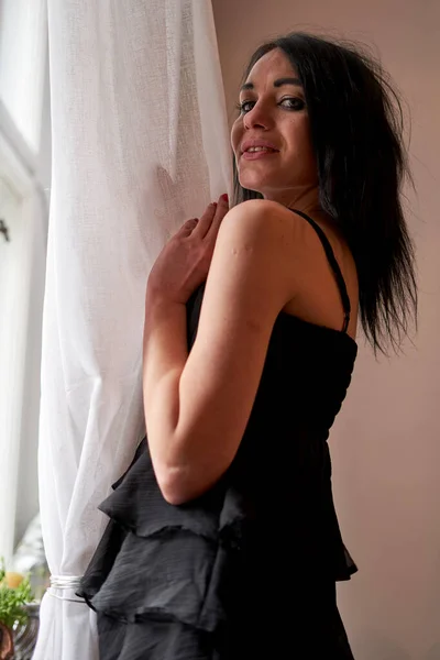 Sexy White Brunette Black Dress Stockings — Stockfoto