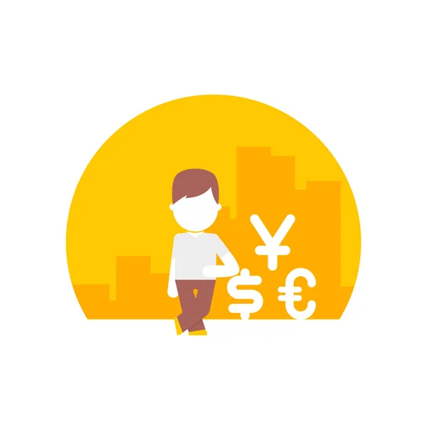 Man uses different currencies. dollar, euro and yen — Stock Vector